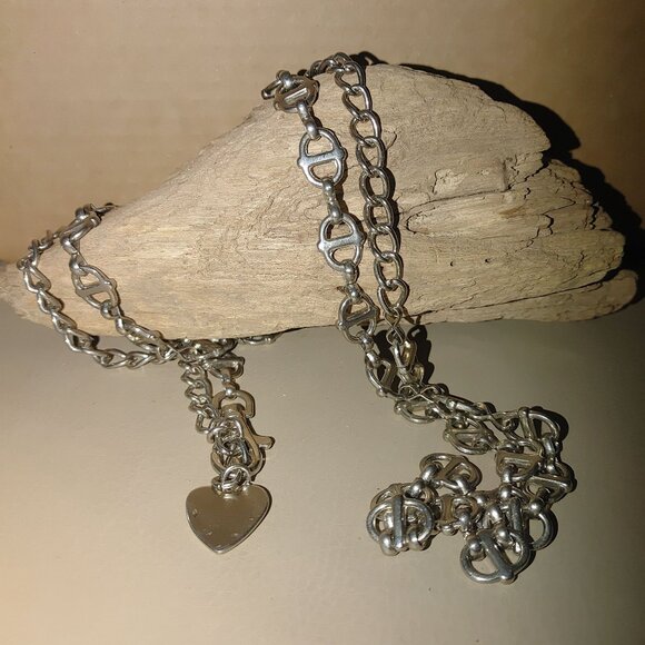 Large Marine Anchor Link Belt Vintage Silver Tone Chain Heart Pendant Hook Clasp - Picture 2 of 6